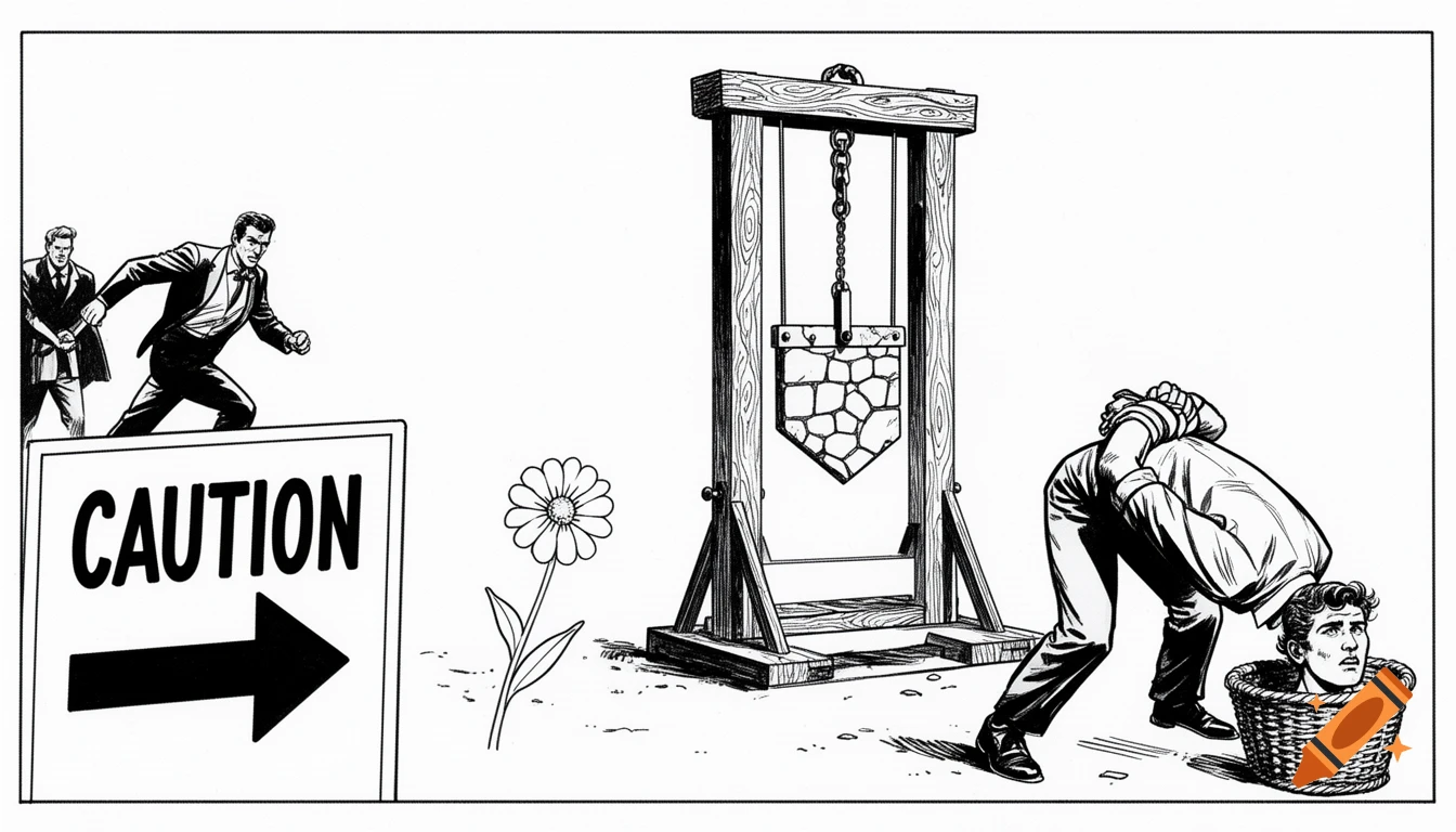 Black and white comic art of a guillotine, a man's severed head in a basket, and a sign reading "CAUTION" with an arrow pointing right.