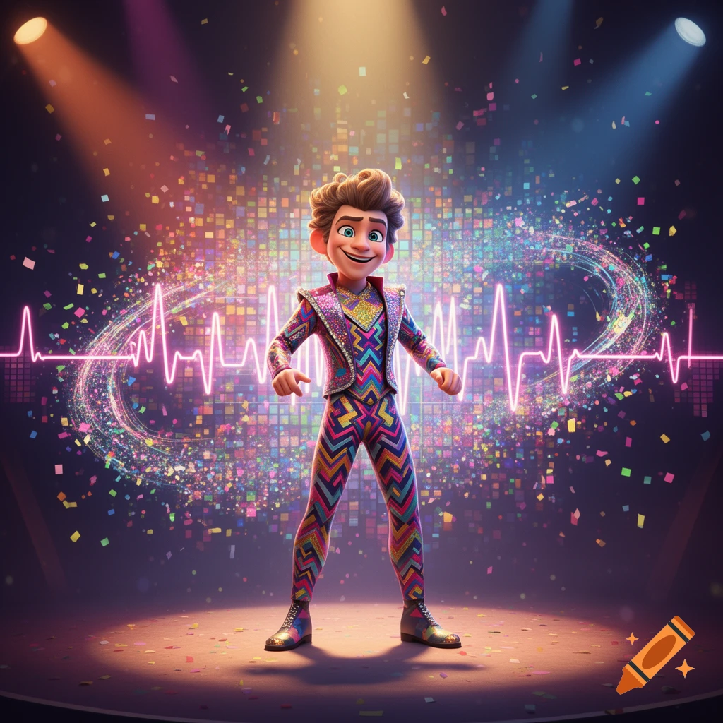 A cartoon character in a vibrant, colorful disco-themed jumpsuit stands on a spotlighted stage with confetti and neon light patterns.