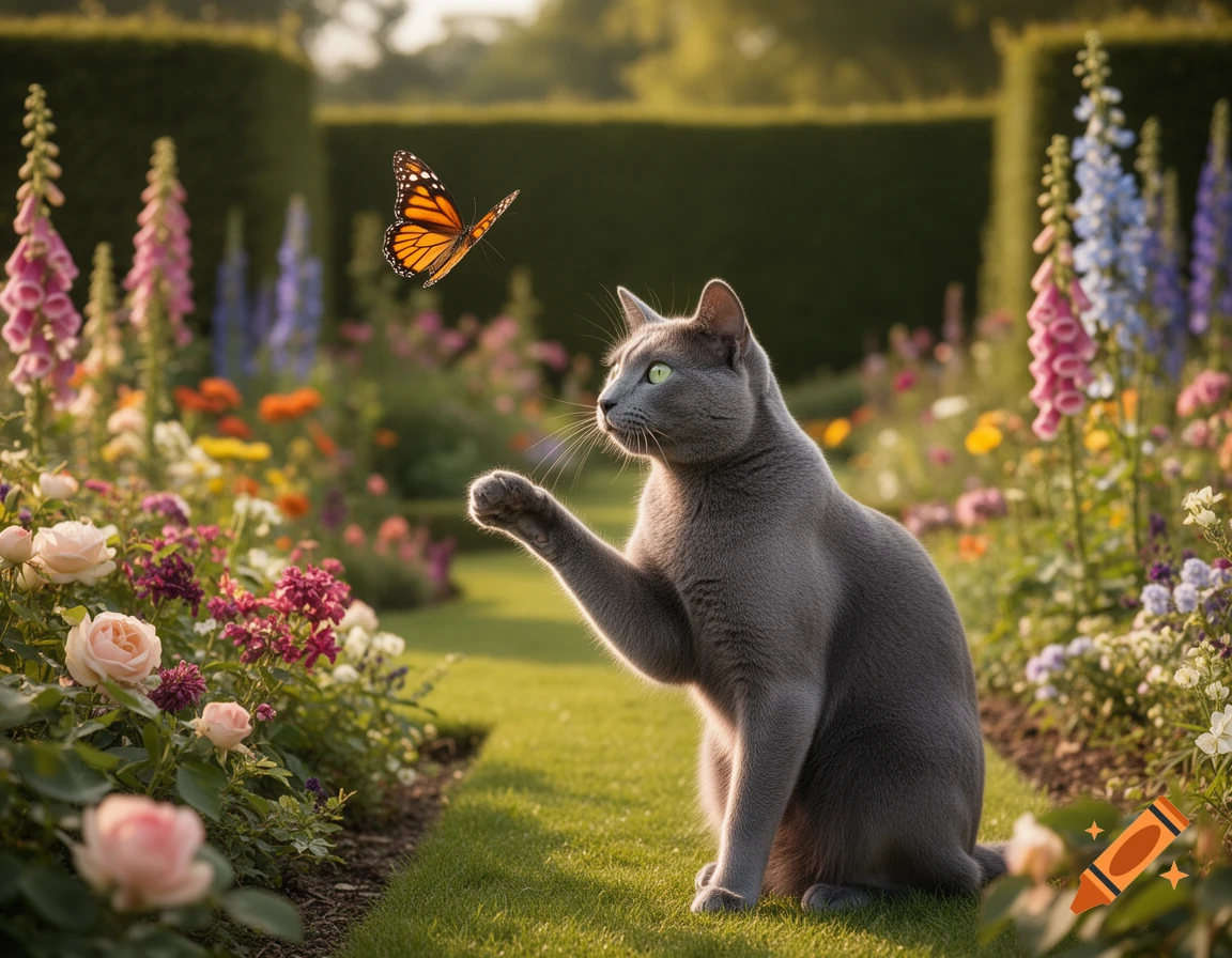 A grey Russian Blue cat in a lush English garden, reaching out to a monarch butterfly flying nearby, bathed in warm sunlight.
