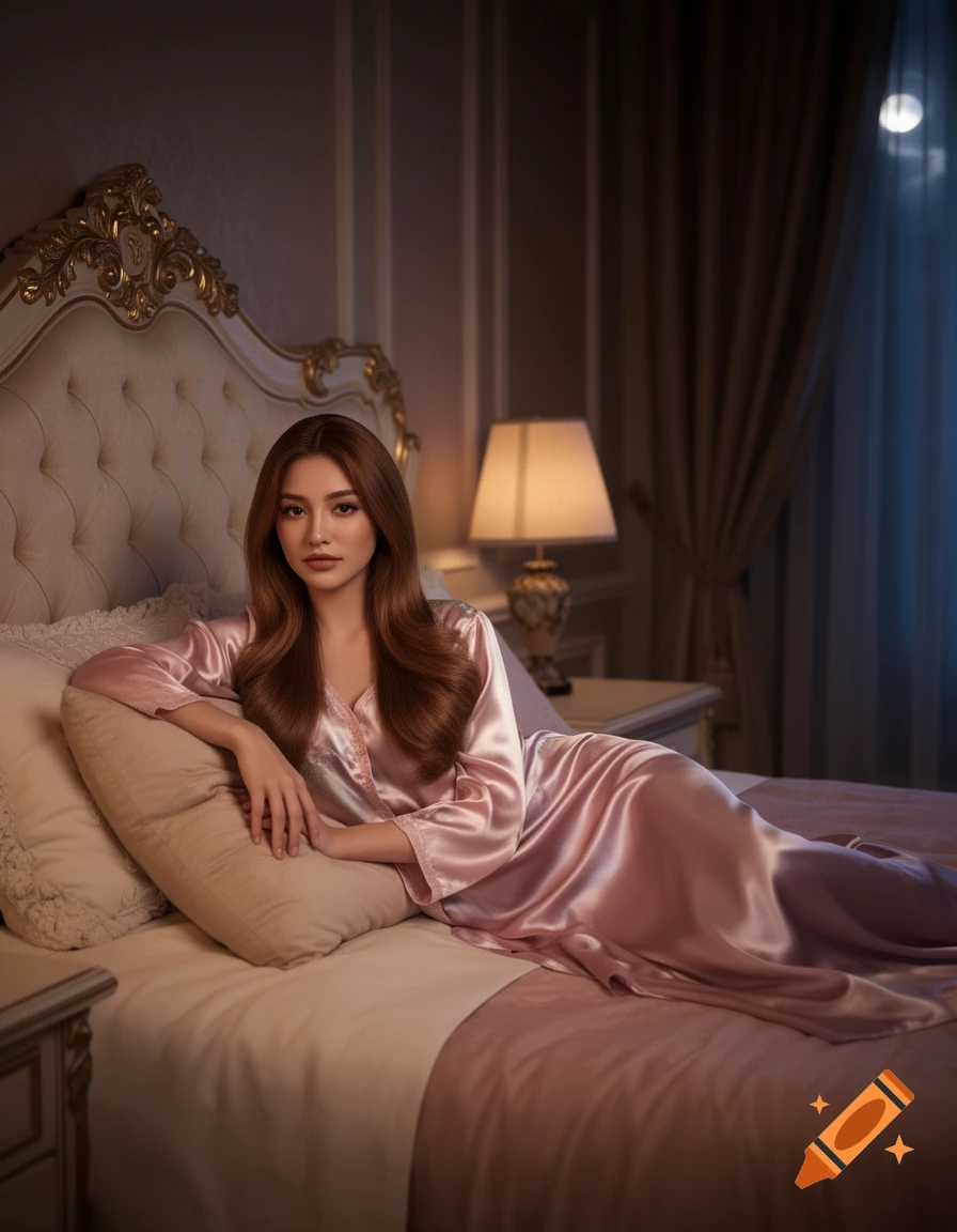 A woman with long brown hair in a pink satin robe reclines on a bed in a softly lit bedroom.