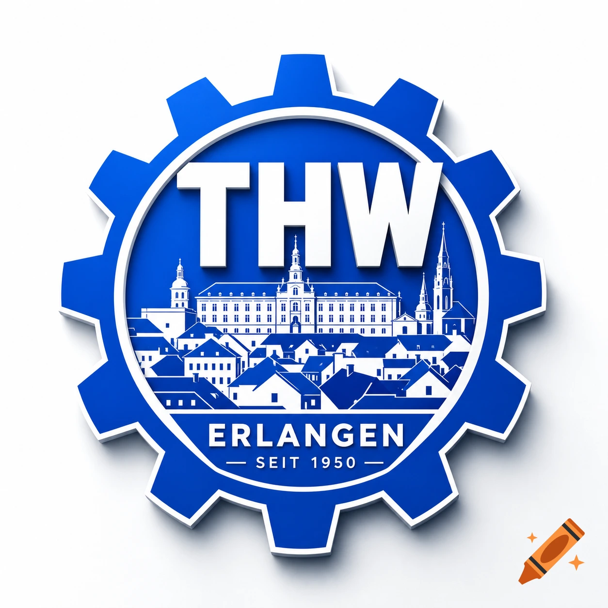 3D blue gear logo with white text 'THW' and 'ERLANGEN SEIT 1950', featuring a white silhouette of the city of Erlangen.