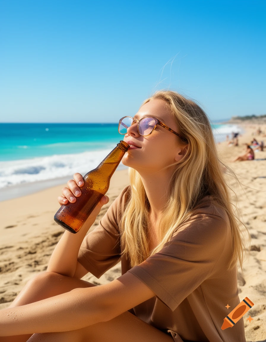 Blonde woman in sunglasses and a light brown top sitting on a sandy beach, drinking from a beer bottle with the ocean in the background. Photorealistic.