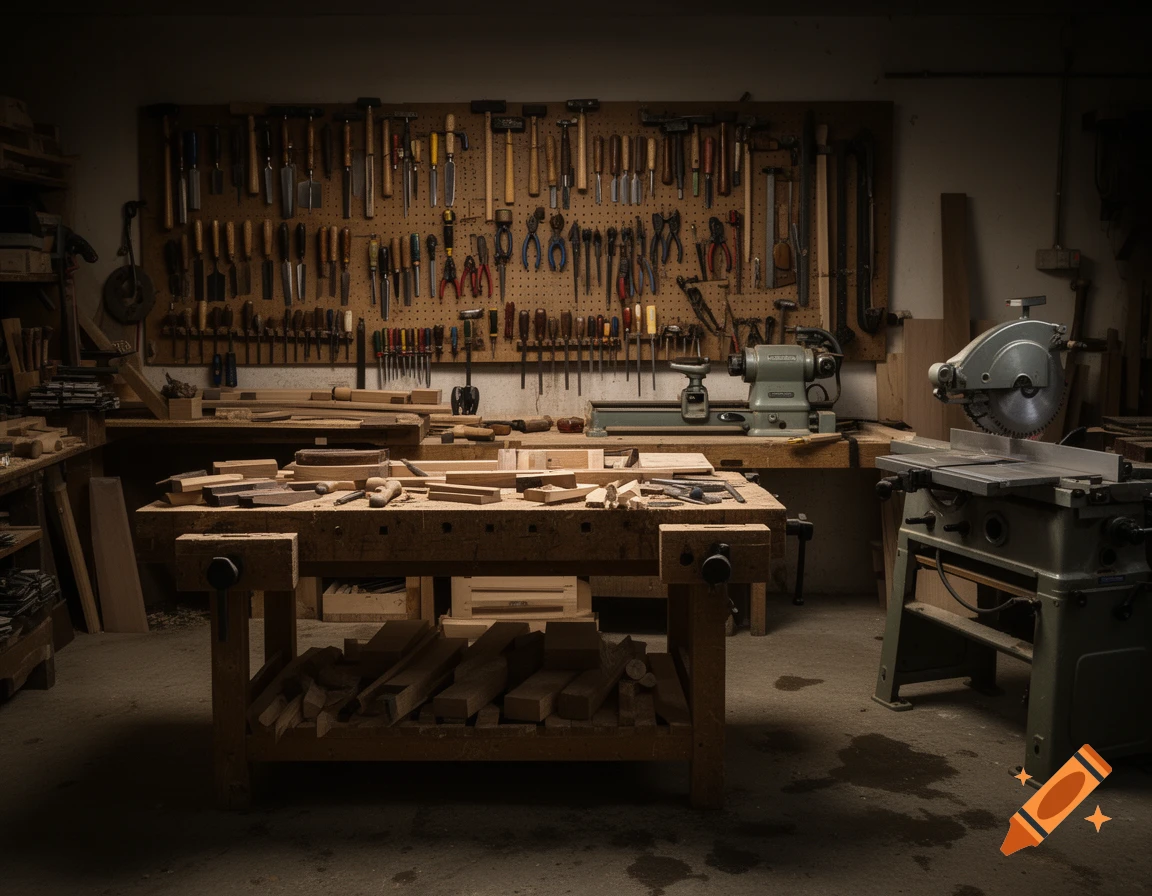 Dimly lit woodworking workshop with a workbench, a pegboard of tools, a lathe, and a table saw.