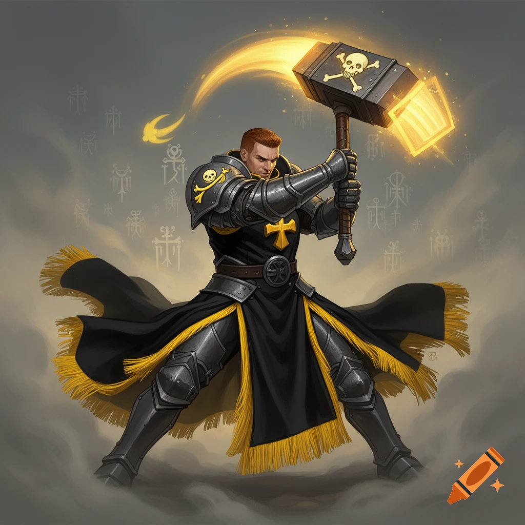 An armored warrior priest with short red hair holds a glowing warhammer, wearing a black and gold tunic and plate armor, against a mystical background.