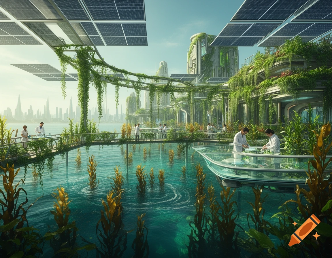 Solarpunk kelp farm with scientists on platforms over turquoise water, surrounded by green, vine-covered buildings and solar panels, with a futuristic city skyline in the distance.