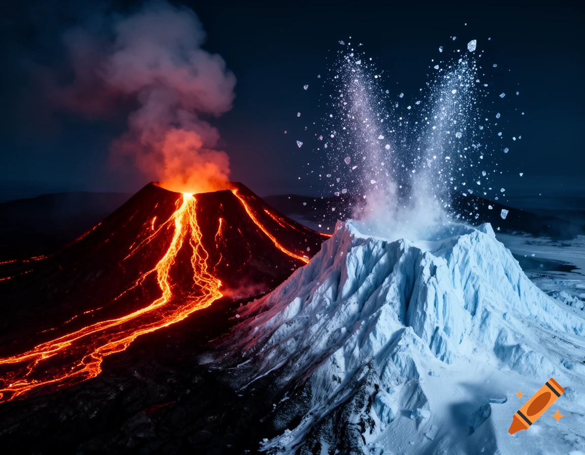 A dramatic scene with a fiery volcano erupting lava and smoke adjacent to an icy mountain spewing snow and ice, under a dark sky.