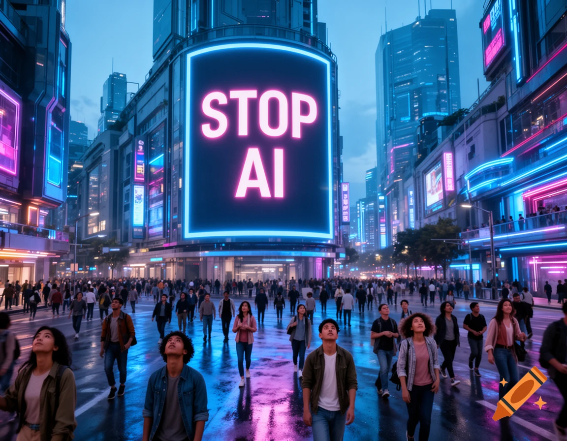 People look up at a giant screen displaying 'STOP AI' in a futuristic neon city street at dusk, reflecting on wet ground.