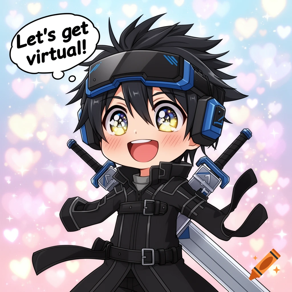 A cute chibi anime character with black hair and VR headset, wearing a black coat, holding two swords. A speech bubble says "Let's get virtual!" against a background of sparkling hearts.