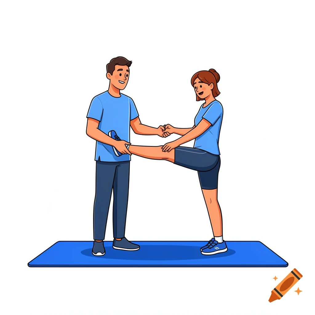 Comic style illustration of a male physiotherapist helping a female patient with a leg exercise on a blue gym mat.