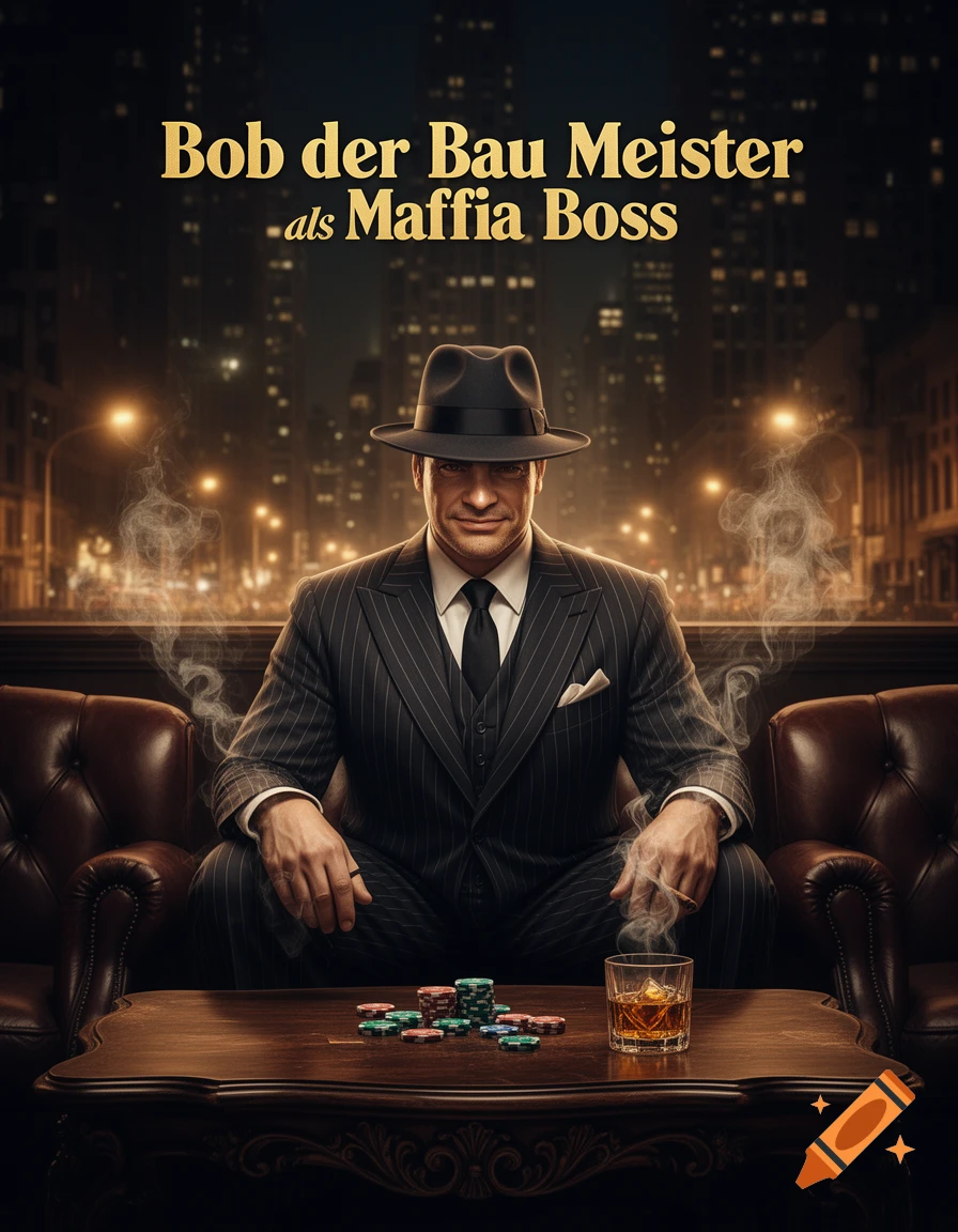 A man resembling a mafia boss, wearing a pinstripe suit and fedora, sits at a table with poker chips and a glass of whiskey, city skyline in the background. Text reads "Bob der Bau Meister als Maffia Boss".