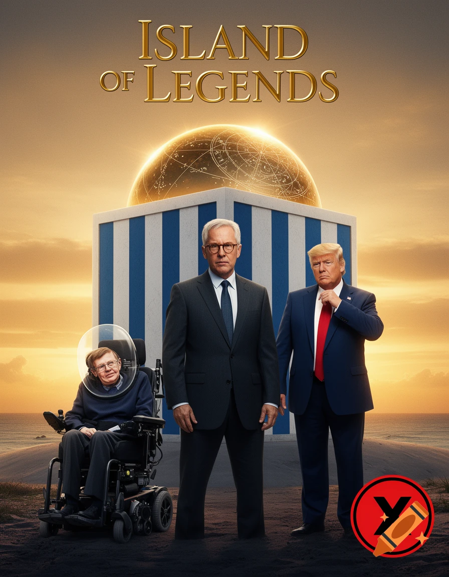 Photorealistic movie poster titled 'Island of Legends' featuring Stephen Hawking, Jeff Goldblum, and Donald Trump on a beach, with a striped building and golden dome behind them, and an 'X' symbol in the corner.