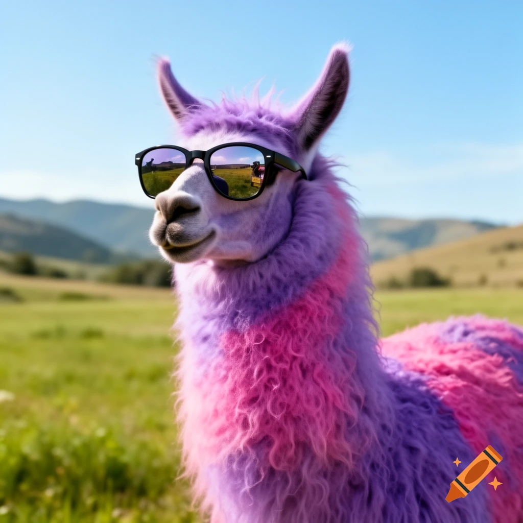 A cool, purple and pink llama wearing sunglasses stands in a sunny green field with mountains in the background.
