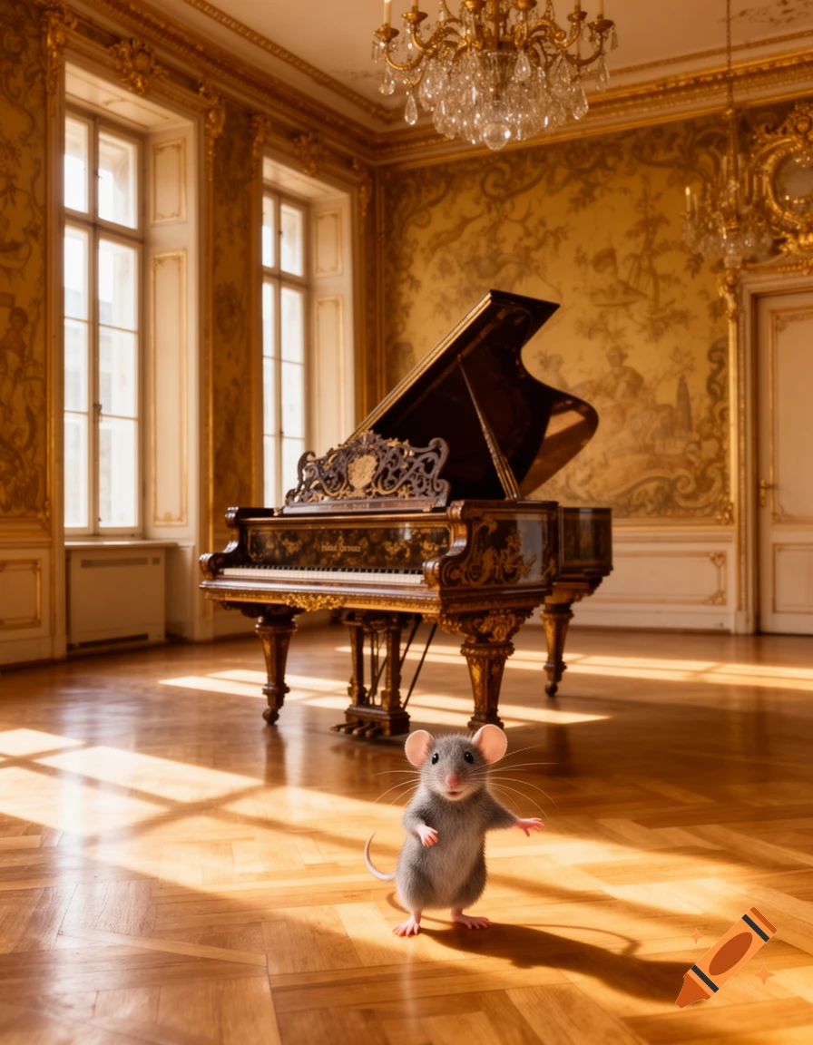 A photorealistic image of a small, grey mouse standing on a polished wooden floor in a grand, ornate room with a decorative grand piano.