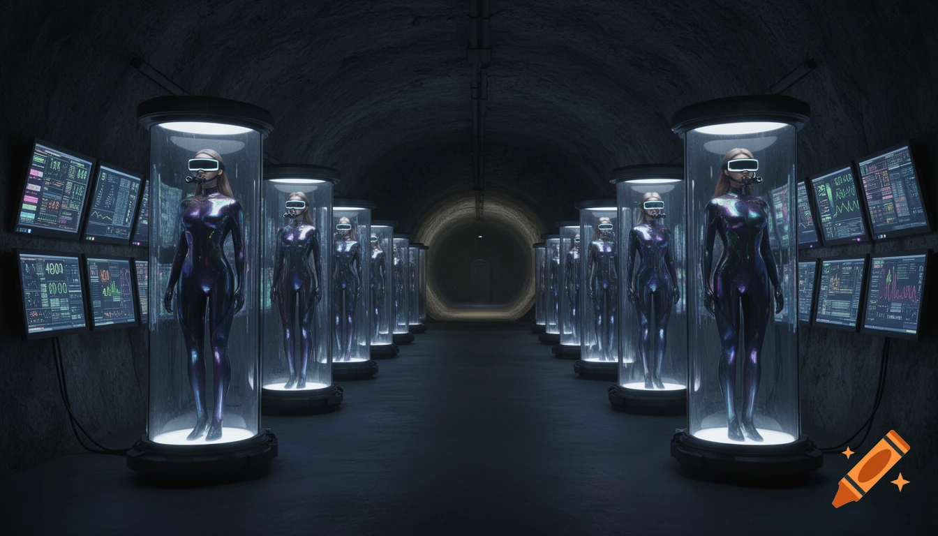 Futuristic women in shiny catsuits and VR goggles are contained in glowing sci-fi tubes within a dark underground bunker, flanked by data monitors.