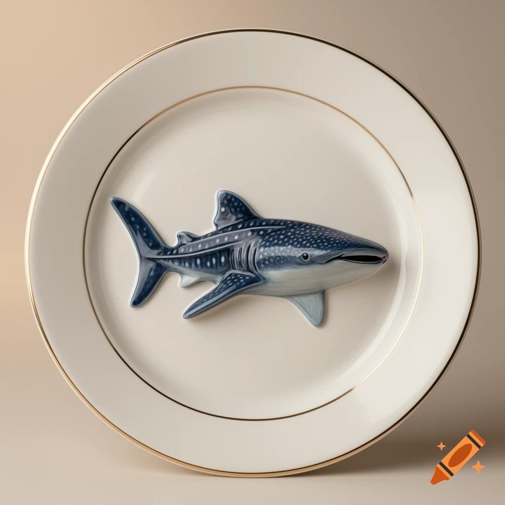 A white pottery plate with a raised gold rim features a 3D blue whale shark design in the center.