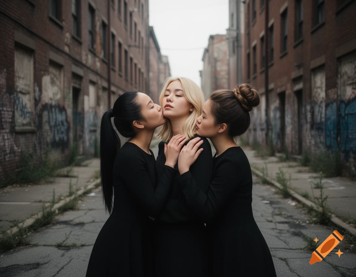 Three women in black dresses, one blonde, embracing in a desolate brick alley with graffiti.