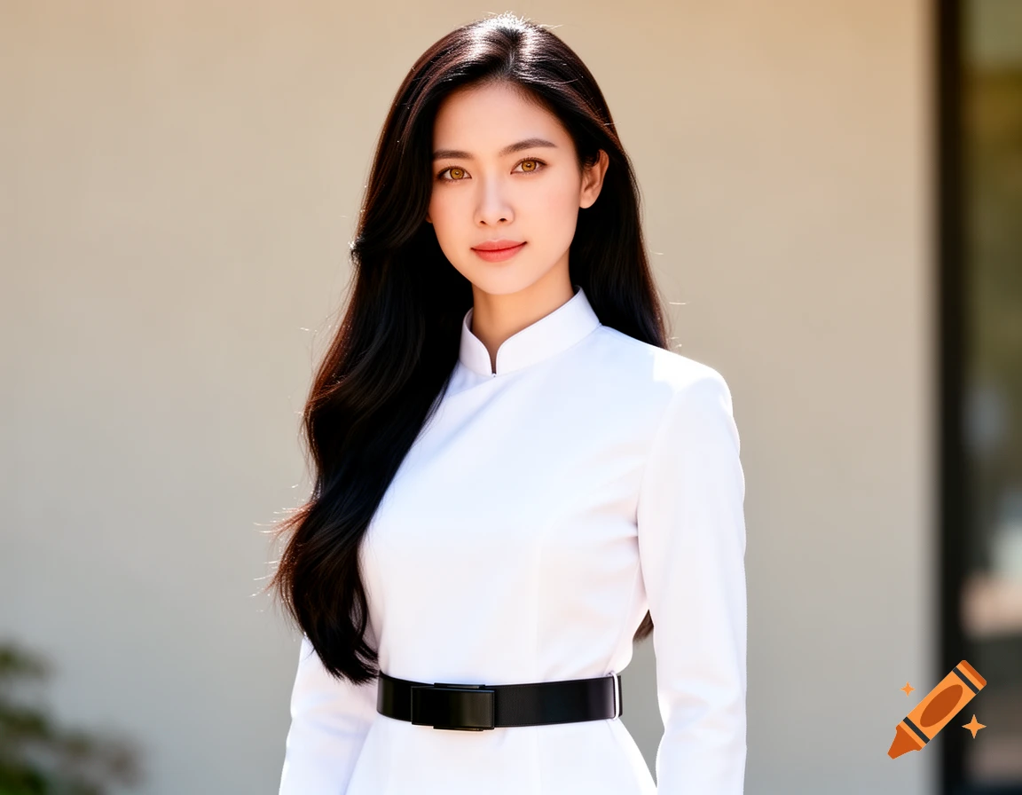 A beautiful Asian woman with long dark hair and hazel eyes wears a white uniform with a black sash, in a photorealistic style.