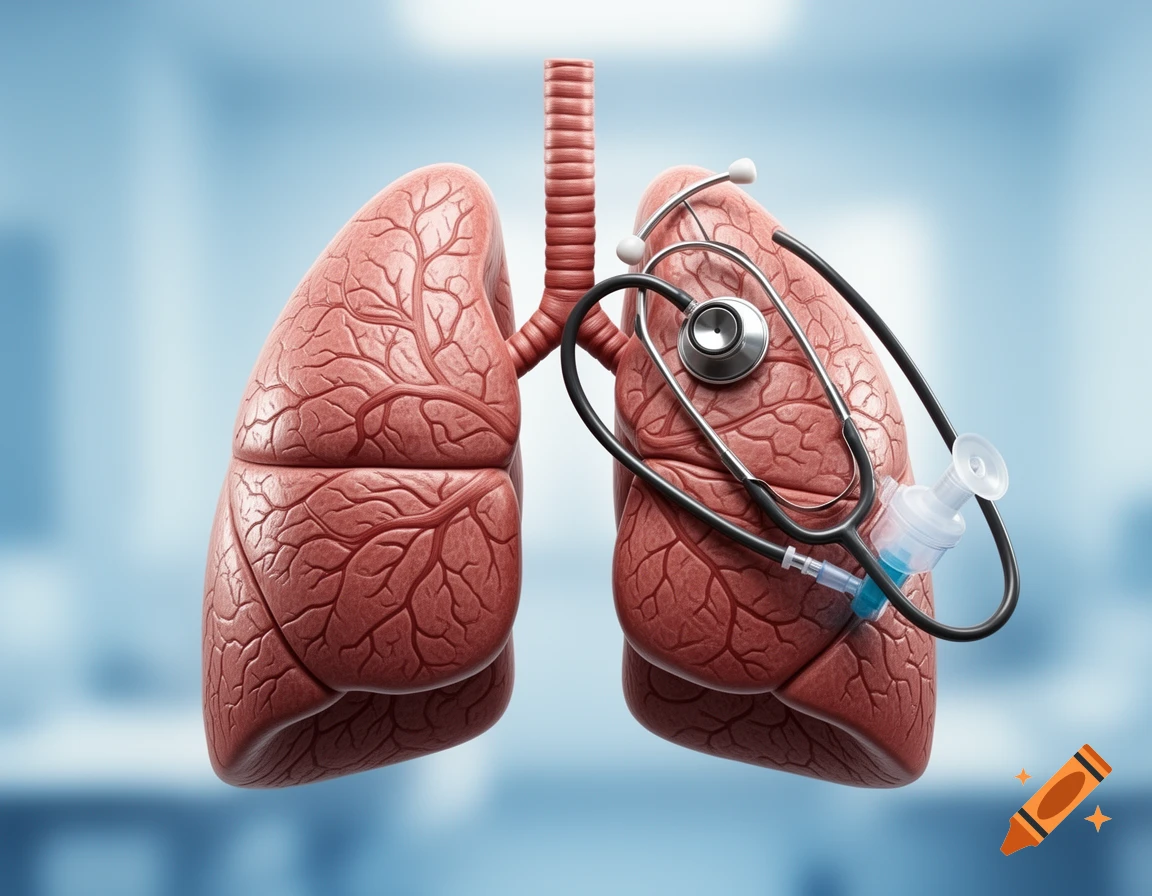 A detailed 3D illustration of human lungs with a trachea, a stethoscope, and an inhaler/nebulizer.