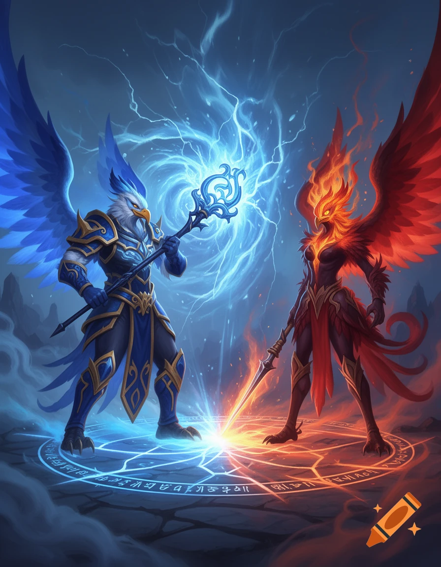 A blue armored avian warrior with a glowing staff confronts a fiery red phoenix-like warrior with a sword, standing in opposing magical circles on a rocky landscape, with lightning effects overhead.
