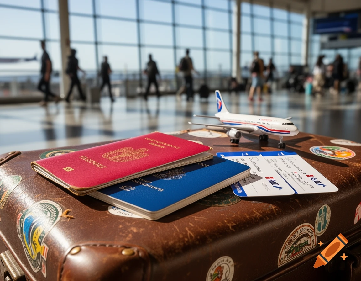 Close-up of a red and blue passport, two boarding passes, and a toy airplane on a brown vintage suitcase in an airport terminal, with blurred people walking in the background.