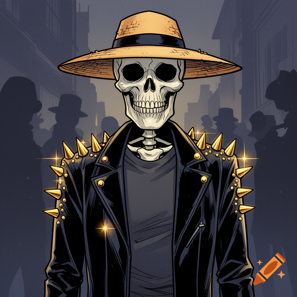 A comic art style illustration of a skeleton wearing a black leather jacket with gold spikes and a straw hat on a city street.