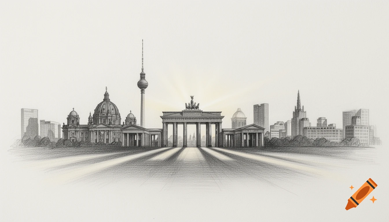Pencil-drawn silhouette of the Berlin skyline featuring the Brandenburg Gate, TV Tower, and Berlin Cathedral, with light rays.