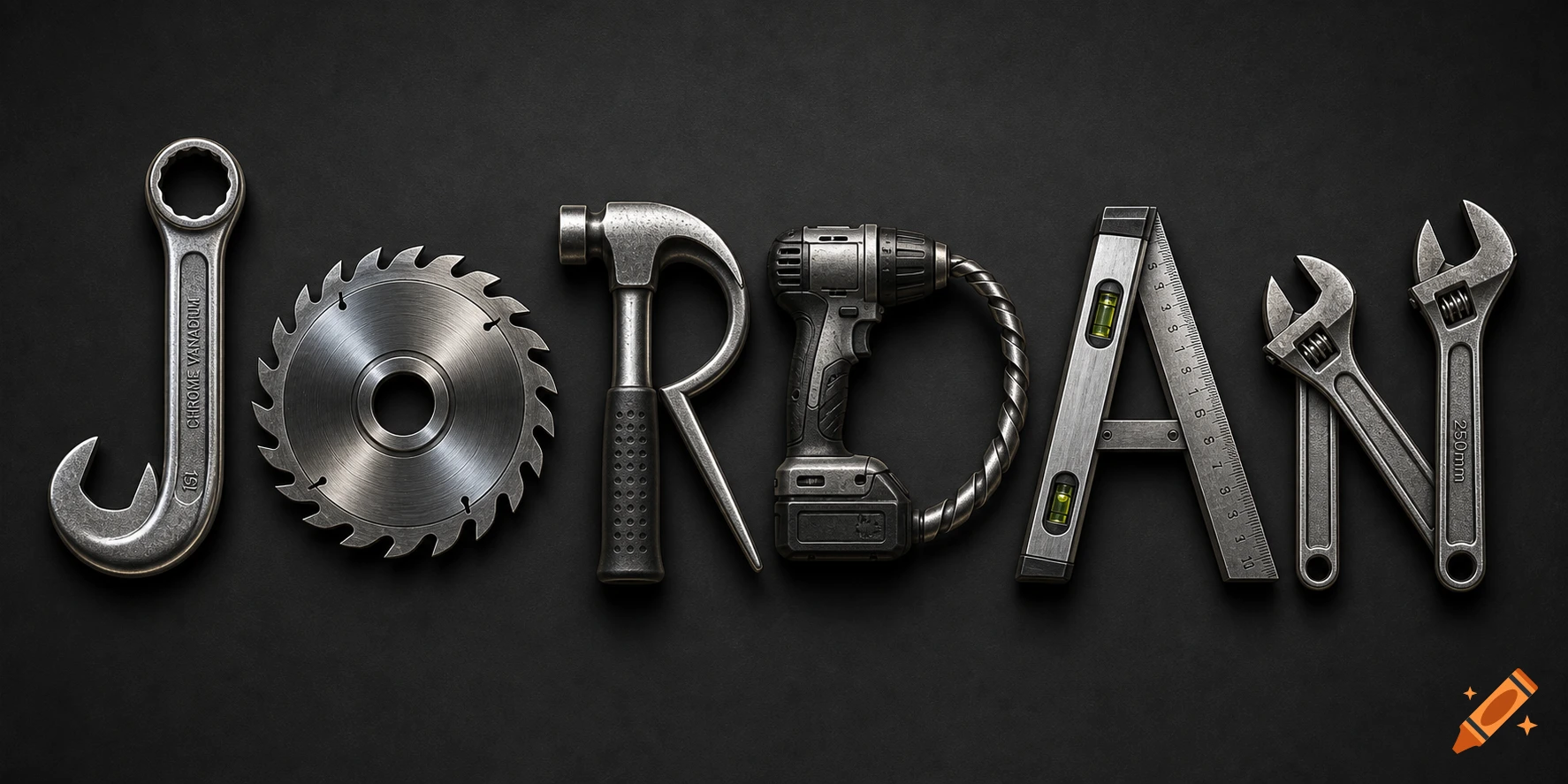 Various metal tools, including wrenches, a circular saw blade, a hammer, a drill, and a spirit level, arranged to spell "JORDAN" on a dark background.