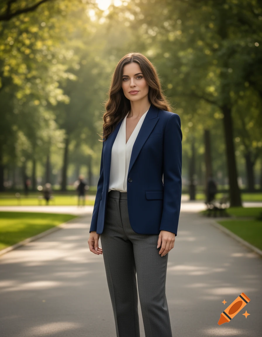 A photorealistic image of a woman in a blue blazer and grey trousers standing on a path in a sunlit park.