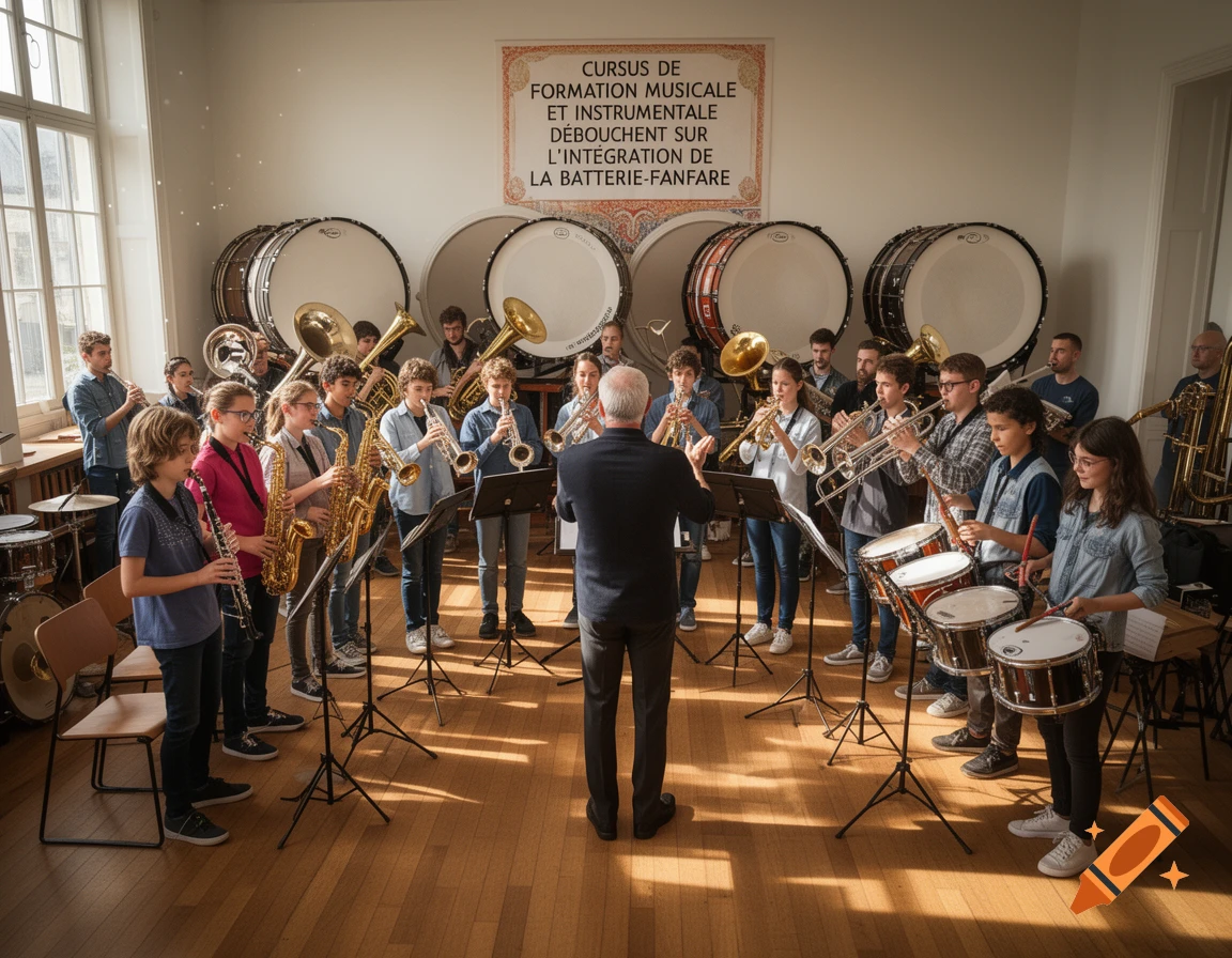 A conductor leads a group of young students playing brass, woodwind, and percussion instruments in a music room.