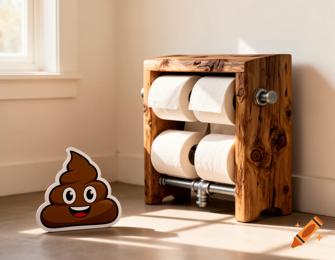 A wooden toilet paper holder stands on the floor next to a smiling brown poop emoji figure in a bright room.