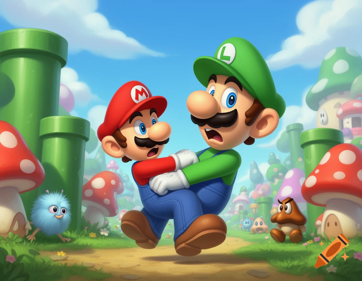 Mario and Luigi look startled in a colorful mushroom kingdom with pipes, a fuzzy blue creature, and a Goomba.
