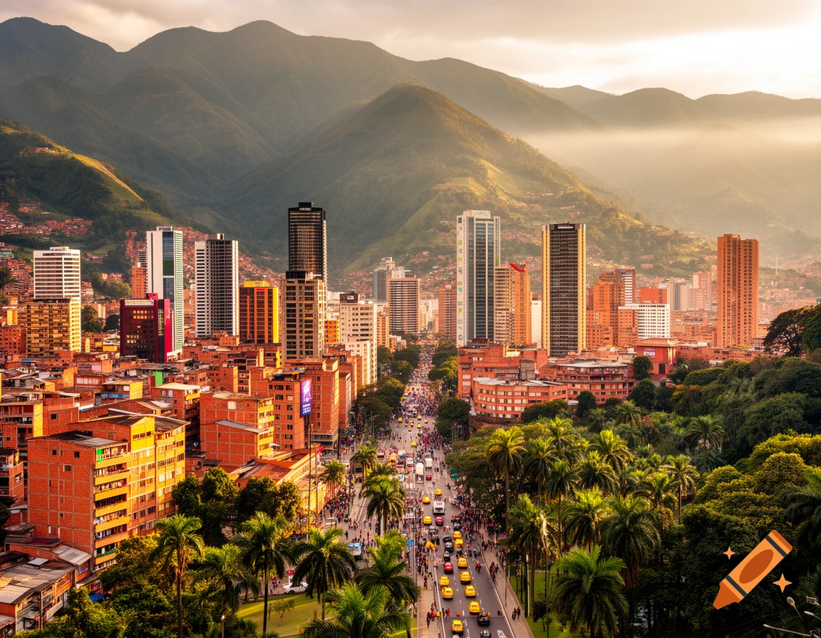 Photorealistic panoramic view of a bustling city nestled in a valley, surrounded by lush green mountains at sunset.
