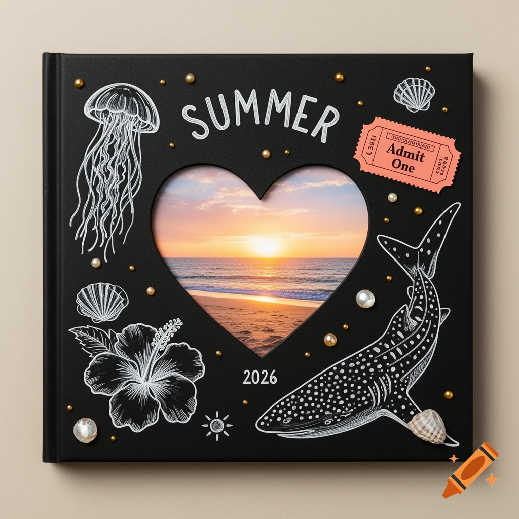 A square black scrapbook cover with white doodle illustrations of ocean life and "SUMMER" and "2026", featuring a heart-shaped cutout revealing a sunset beach scene.
