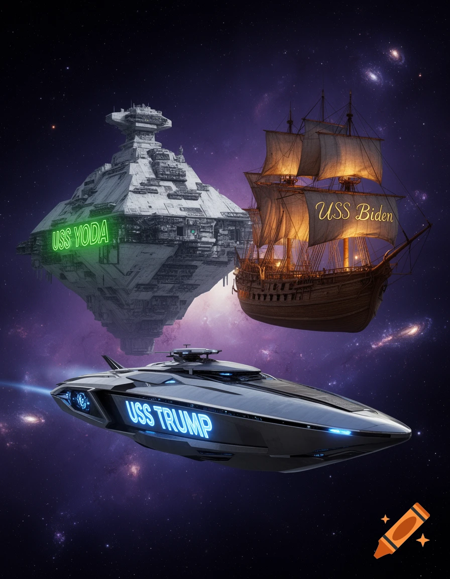 Three ships in space: a Star Destroyer-like vessel named "USS YODA", an old wooden sailing ship named "USS Biden", and a sleek futuristic craft named "USS TRUMP".