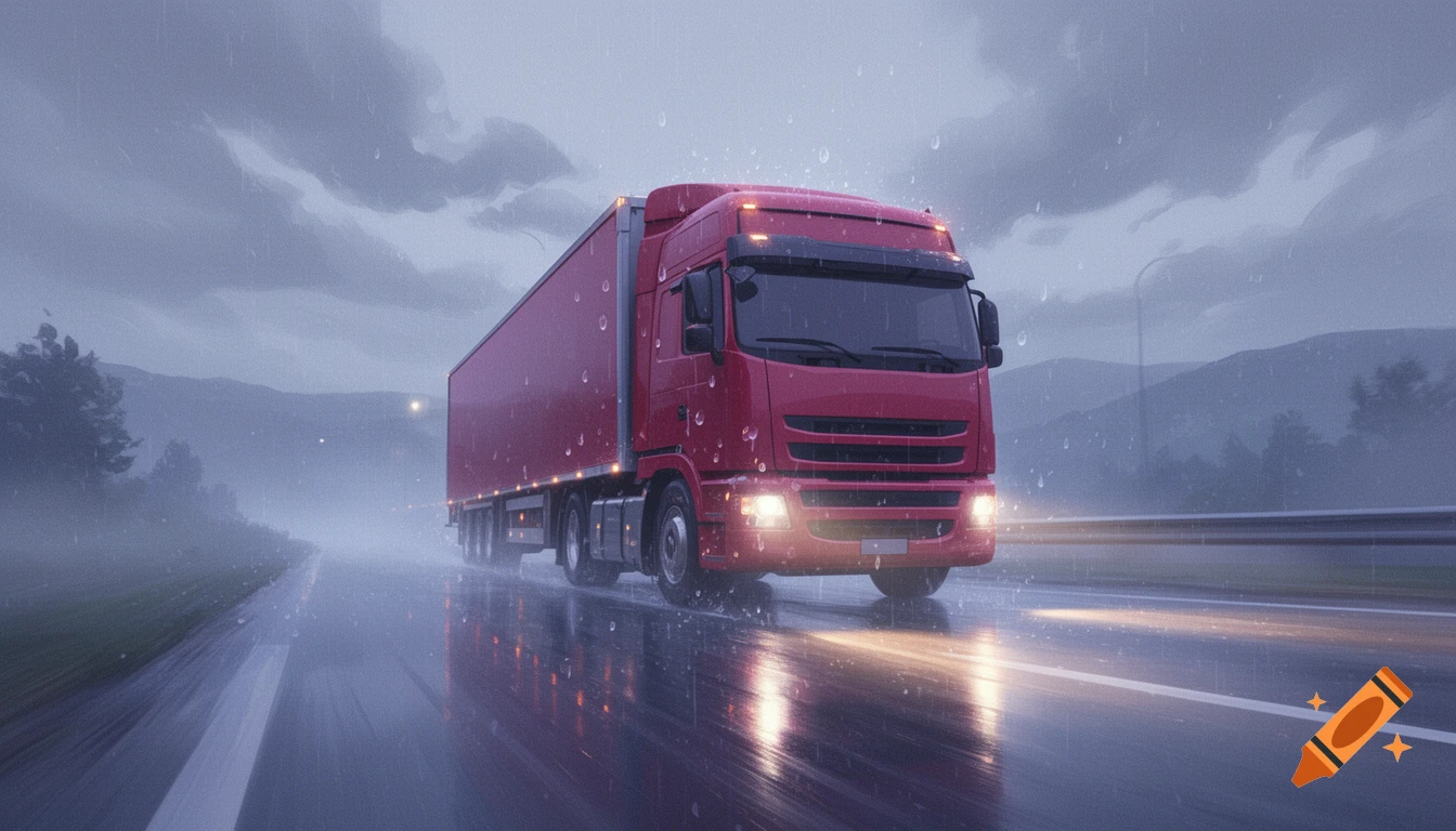 A webtoon-style red truck drives down a wet, rainy road at dusk, with reflections on the asphalt.