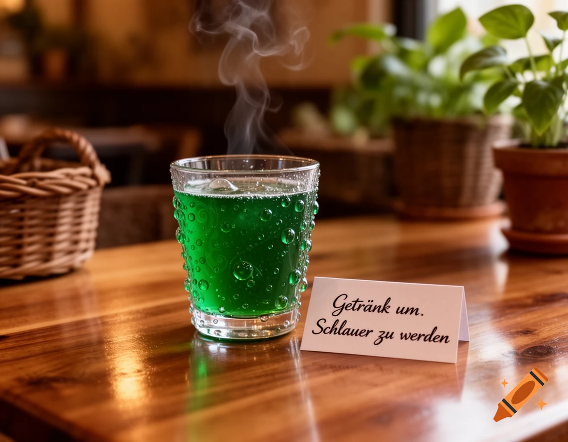Steaming green bubbly drink in a glass with a card reading 'Getränk um. Schlauer zu werden' on a wooden table in a cafe.