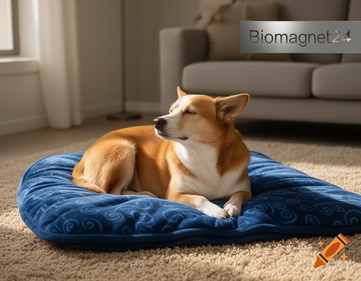 A corgi dog rests on a blue patterned pet bed in a sunlit living room. A 'Biomagnet24' banner is visible.