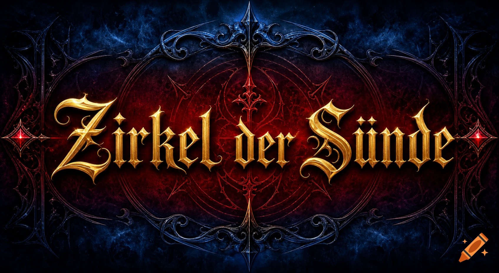 Dark gothic logo with golden 'Zirkel der Sünde' text on a red and blue background with ornate elements.