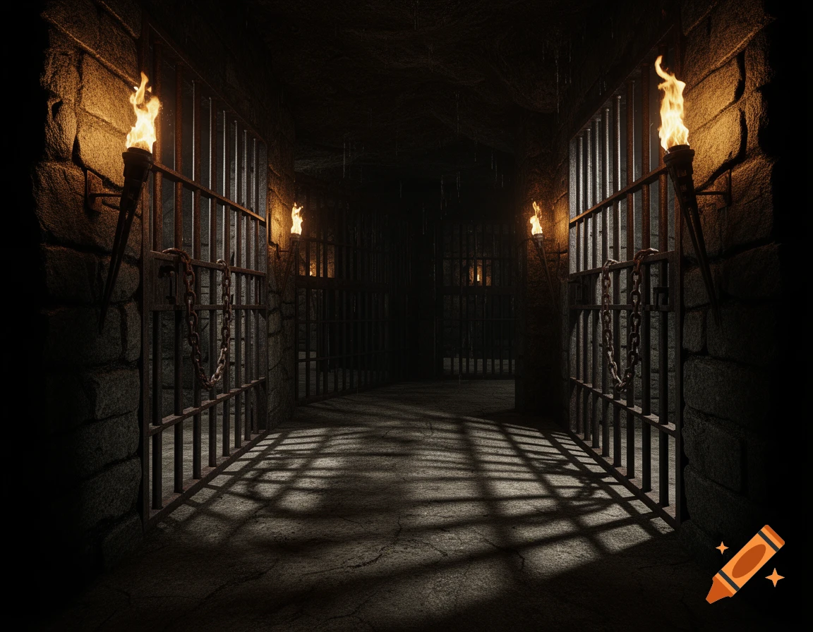 A dark dungeon corridor with steel cell bars, heavy chains, and flickering torches casting dramatic shadows.