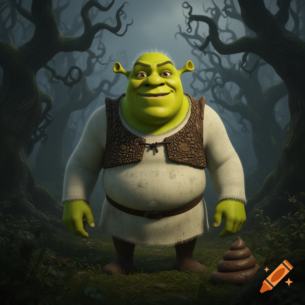 Shrek, the green ogre, smiles in a dark, gnarled forest with a pile of feces on the ground. Photorealistic digital art.