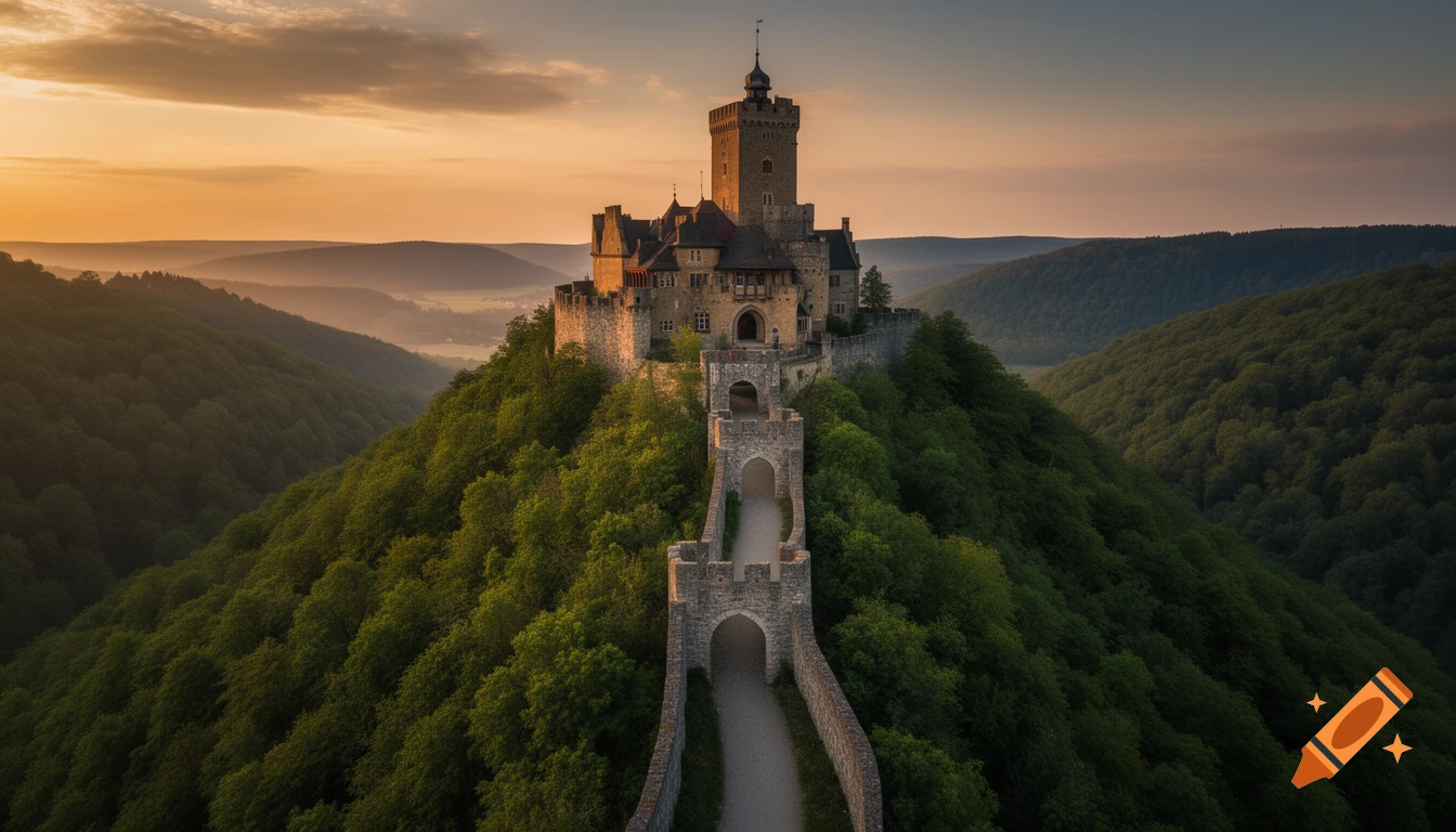 Photorealistic drone shot of a medieval castle on a steep, forested hill at sunset with a winding path leading to it.