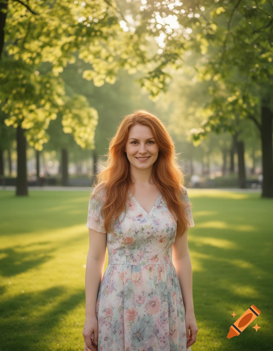 A smiling woman with long red hair wearing a floral dress stands in a sunny park with trees and green grass.