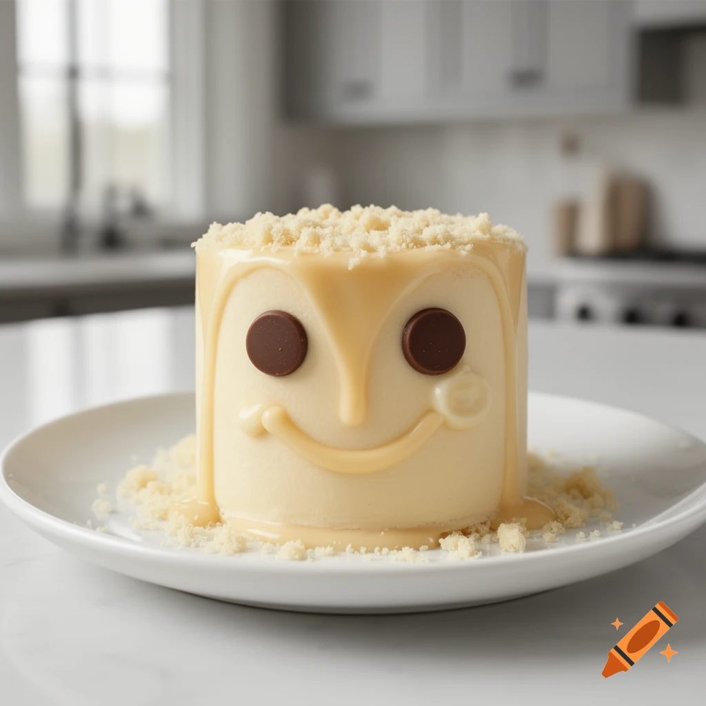 A cream-colored tartlet with chocolate chip eyes and an icing smile, topped with crumble and caramel drizzle, on a white plate in a kitchen.