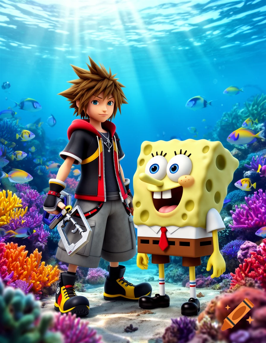 Sora from Kingdom Hearts and SpongeBob SquarePants stand on the ocean floor surrounded by colorful coral and fish, with sunlight shining through the water above.