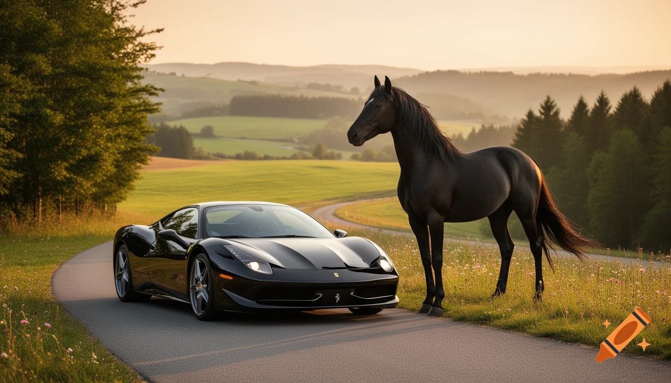 A black Ferrari sports car is parked on a winding road next to a black horse in a lush, green countryside at sunset.