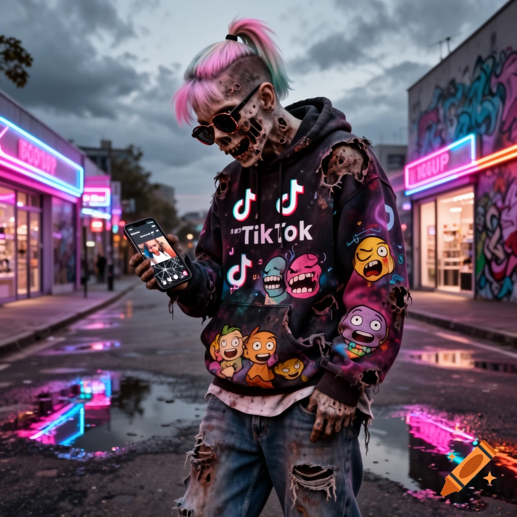 A stylized zombie with pink and green hair in a ponytail, wearing sunglasses, a torn TikTok hoodie, and ripped jeans, looks at a phone on a neon-lit street.