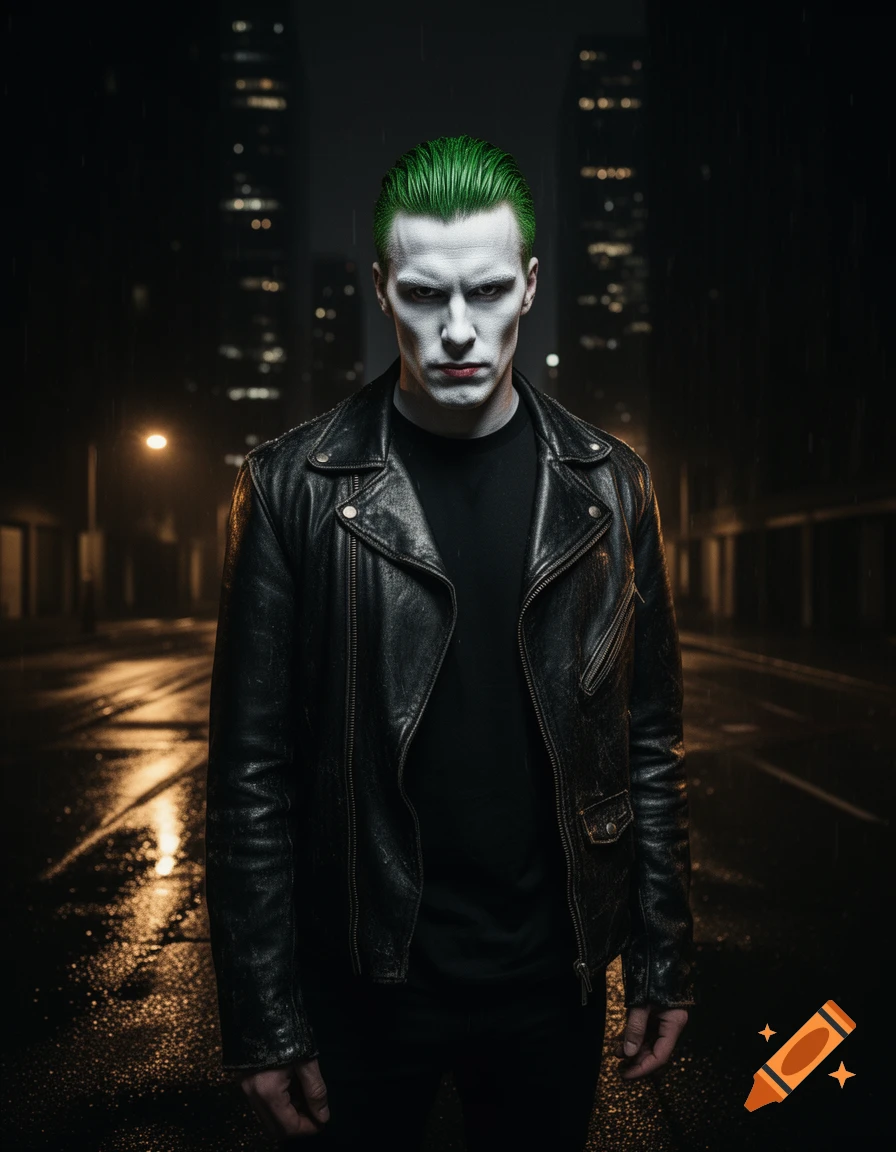 A person resembling the Joker with white makeup, green hair, and a leather jacket stands on a wet city street at night.