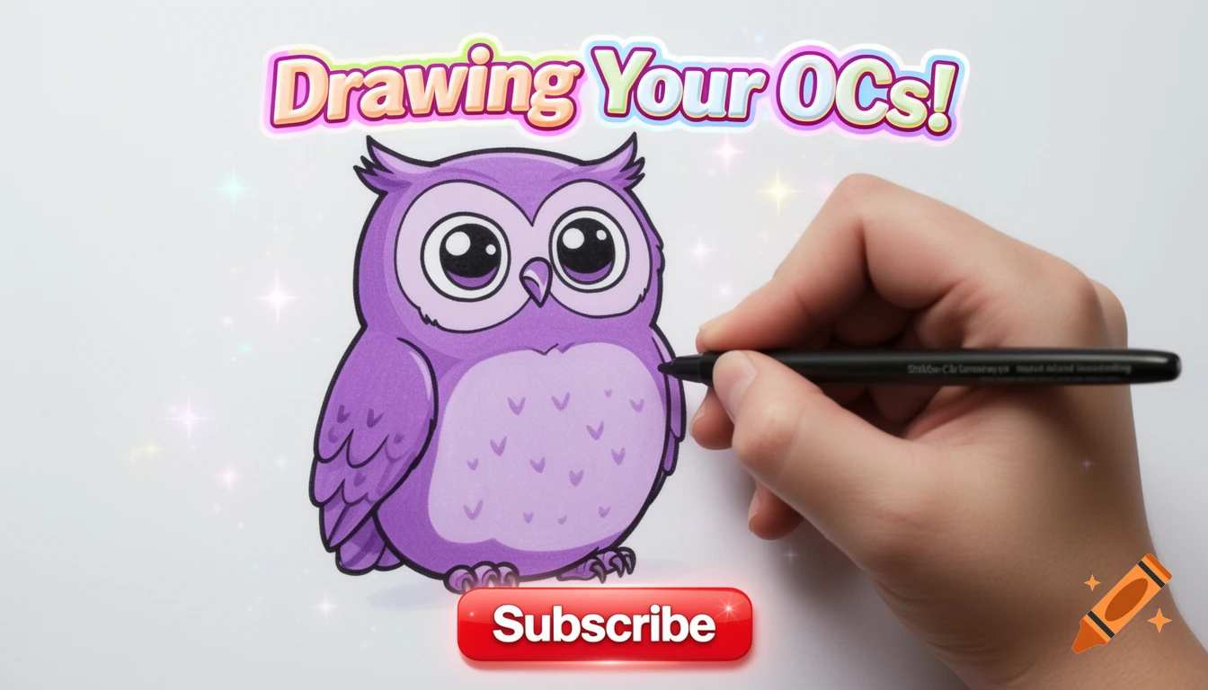 A hand draws a cute purple owl on a white background with glitter. A title reads 'Drawing Your OCs!' and a red 'Subscribe' button is below.