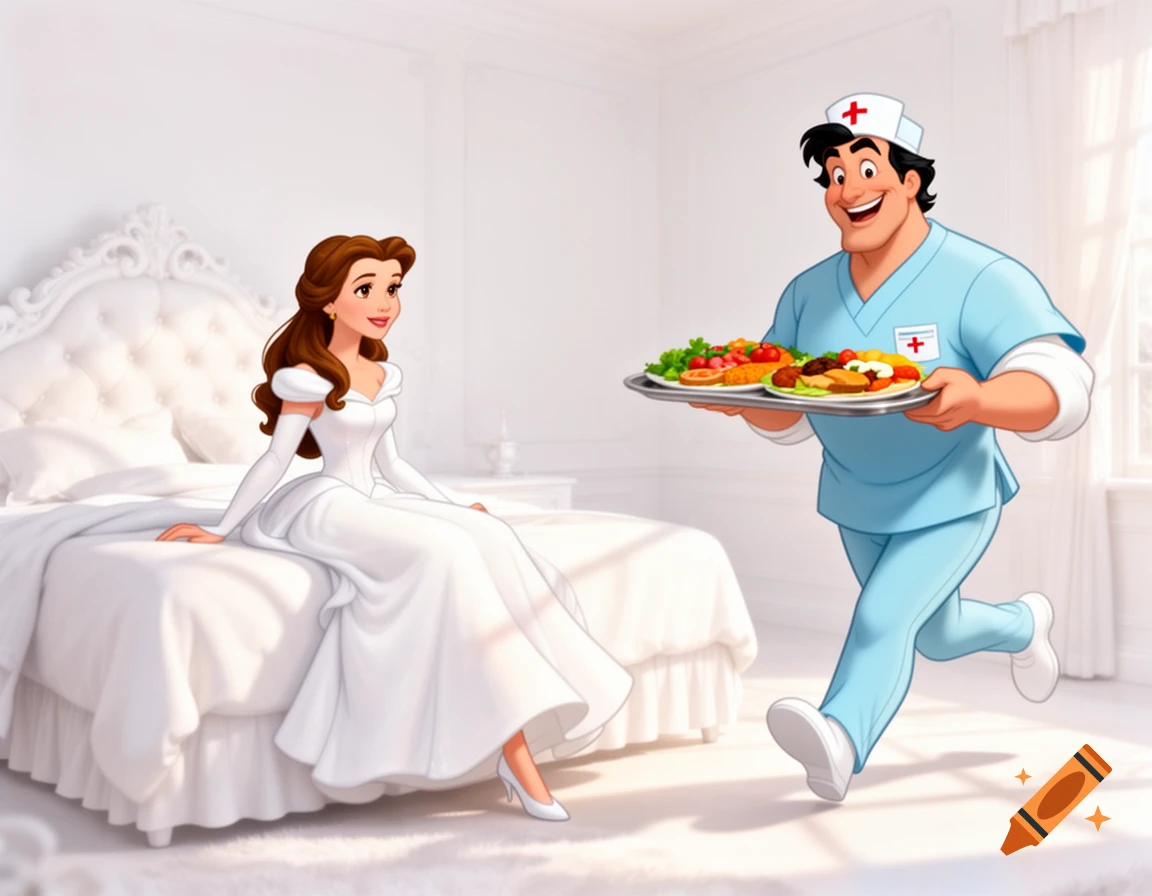 Belle in a white dress sits on a white bed as a cartoon male nurse, resembling Gaston, runs in with a tray of food.