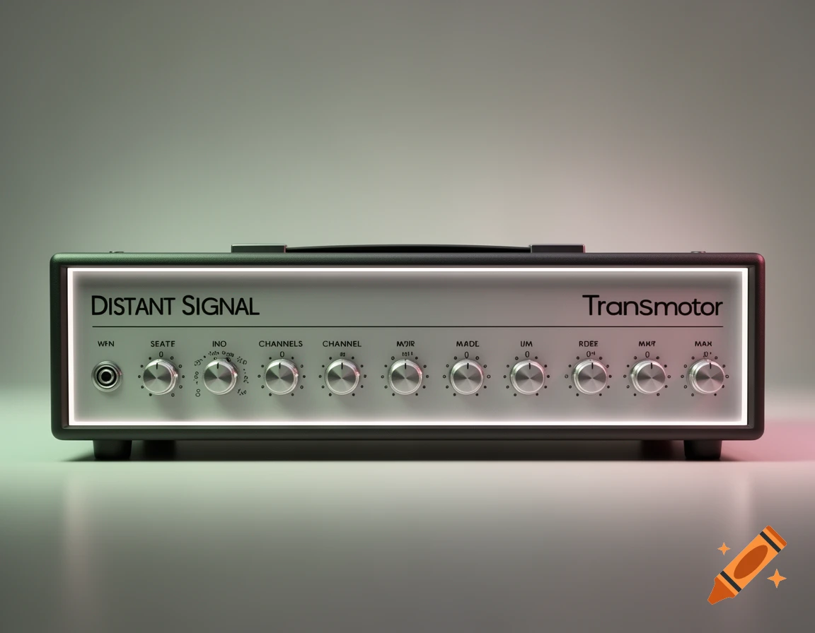 A front view of a grey and black guitar amplifier head with white glowing trim, labeled "DISTANT SIGNAL" and "Transmotor", featuring multiple silver control knobs and an input jack.